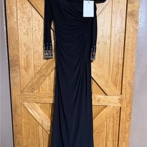 Mac Duggal Black Gown with Embellished Sleeves